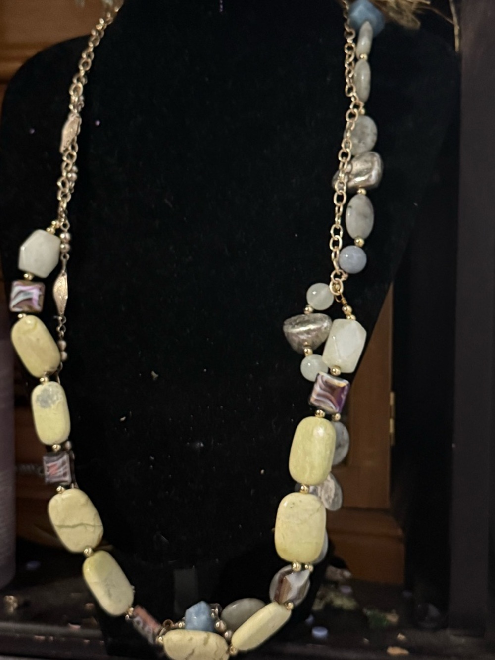 OOAK Handmade Serpentine Stone Multi Strand Beaded Necklace Gold Tone